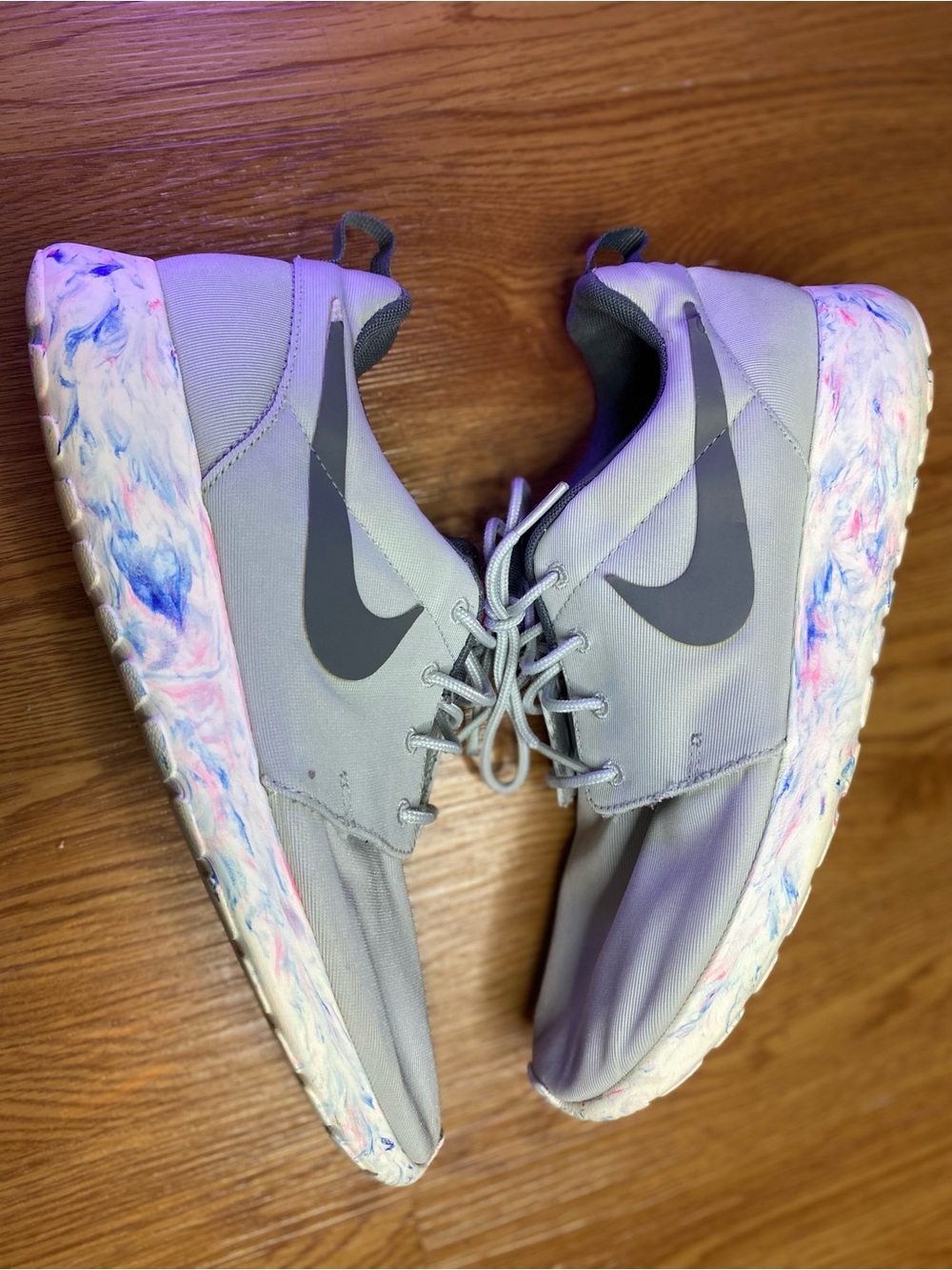 Nike Light Gray Sneakers with Marbled Pink & Blue Sole
